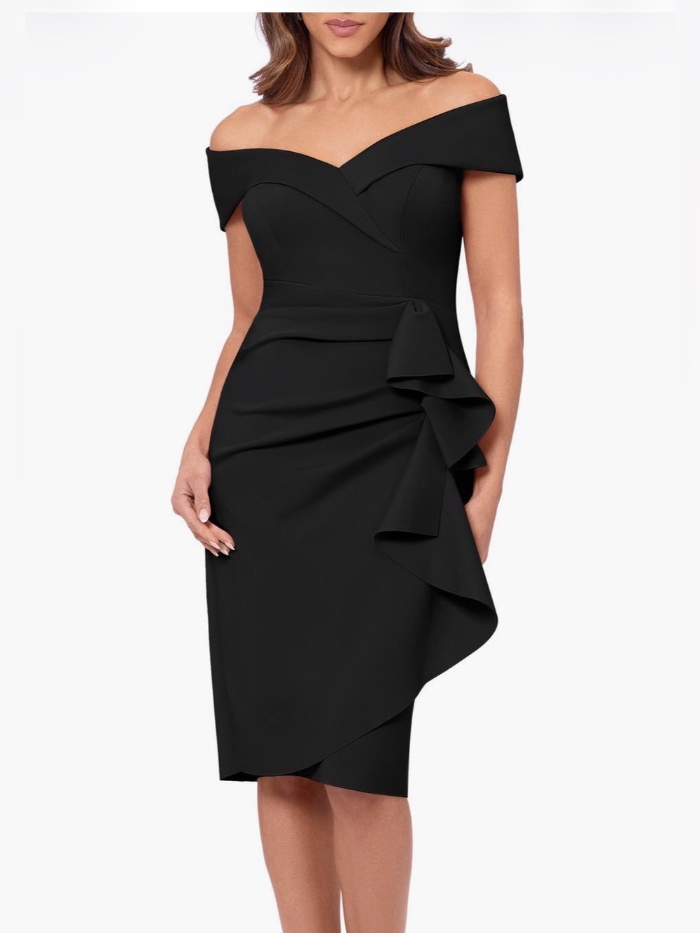Xscape Evenings
Ruffle Off the Shoulder
Scuba Knit Cocktail
Dress